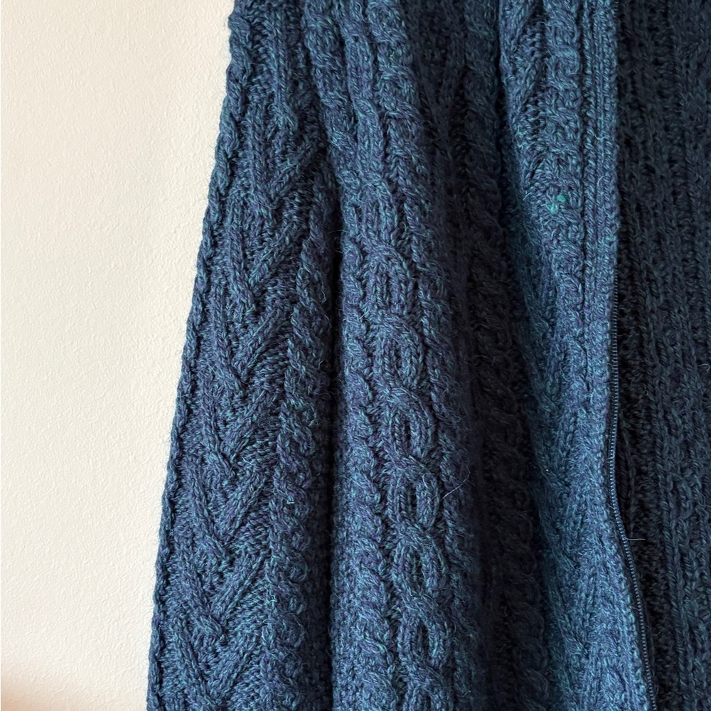 Aran Crafts 100% Merino Wool Cable Knit Blue Cardigan